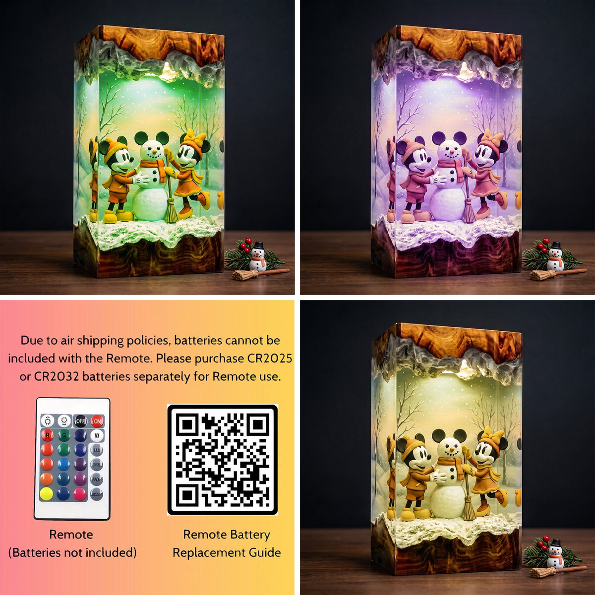 Mickey & Minnie Mouse Building a Snowman Christmas Wood Resin Lamp