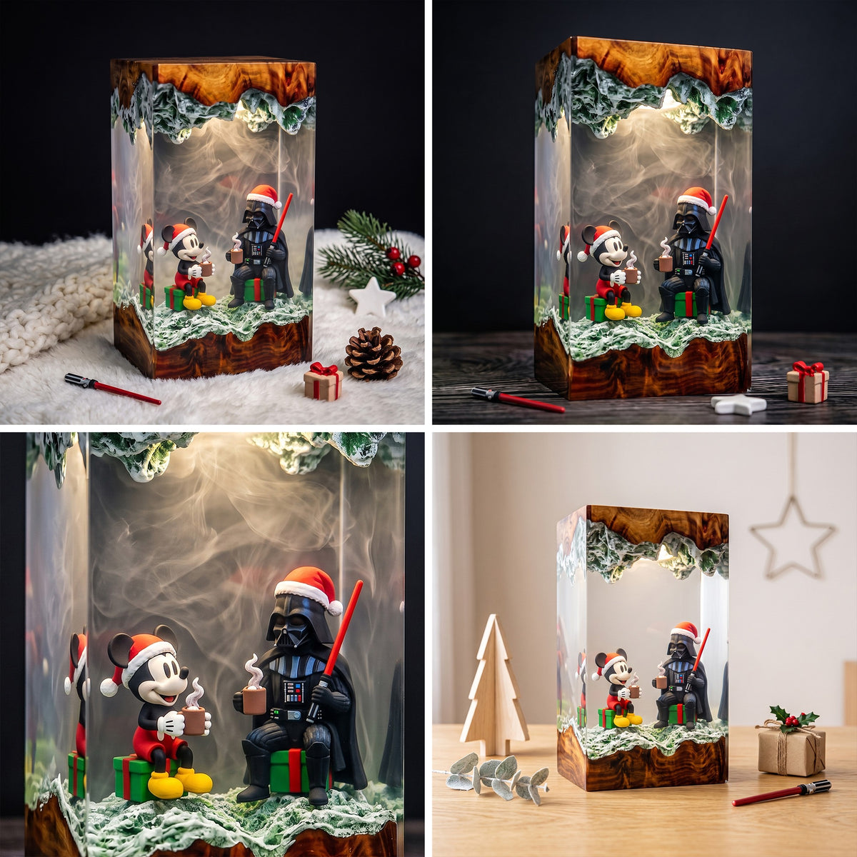 Christmas Dark Lord & Classic Mouse Resin Lamp – Holiday Cocoa Scene, Festive Movie Inspired Epoxy Diorama Night Light