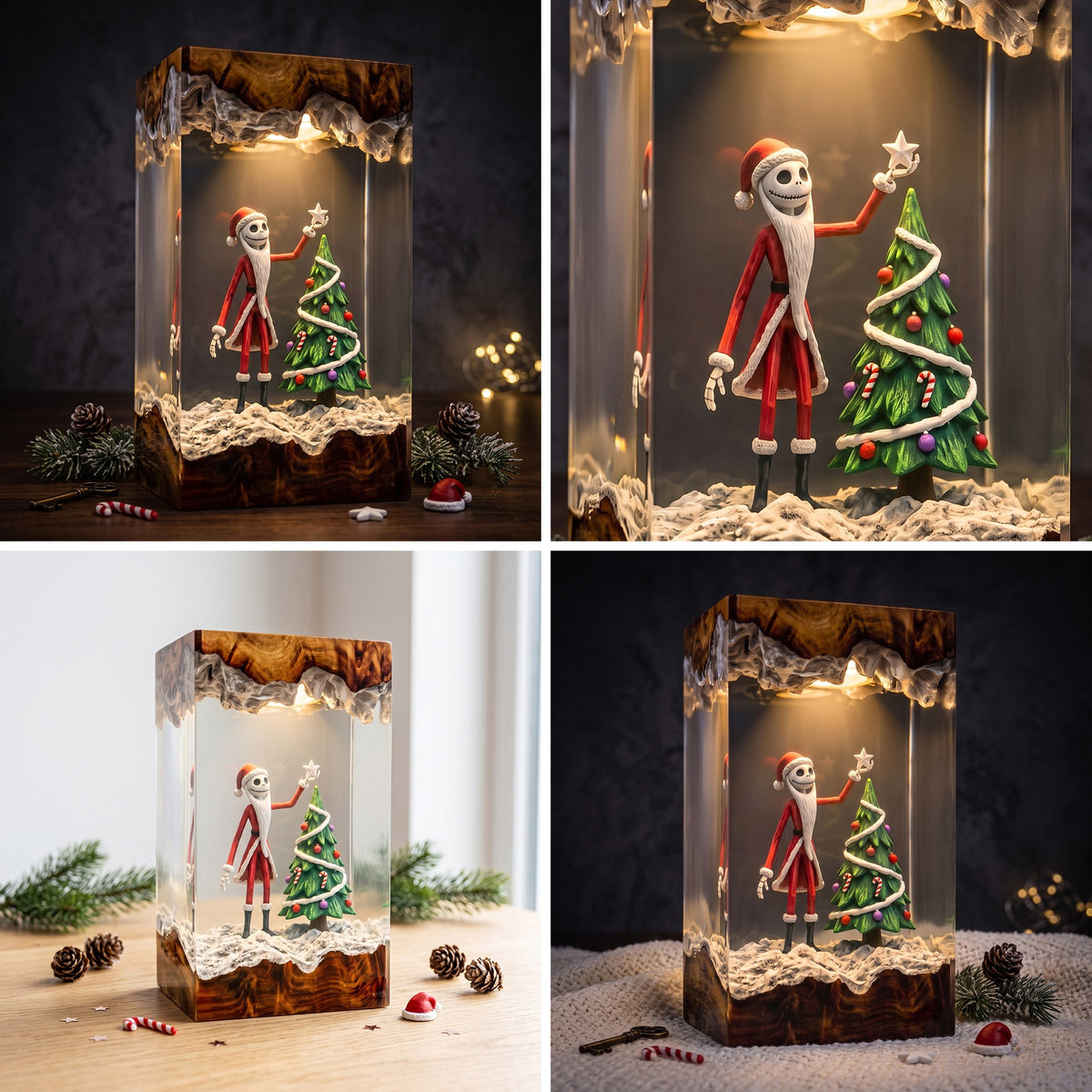 Christmas Skeleton Resin Lamp – Skeleton Santa Decorating Christmas Tree, Festive Epoxy Diorama Night Light, Holiday Decor