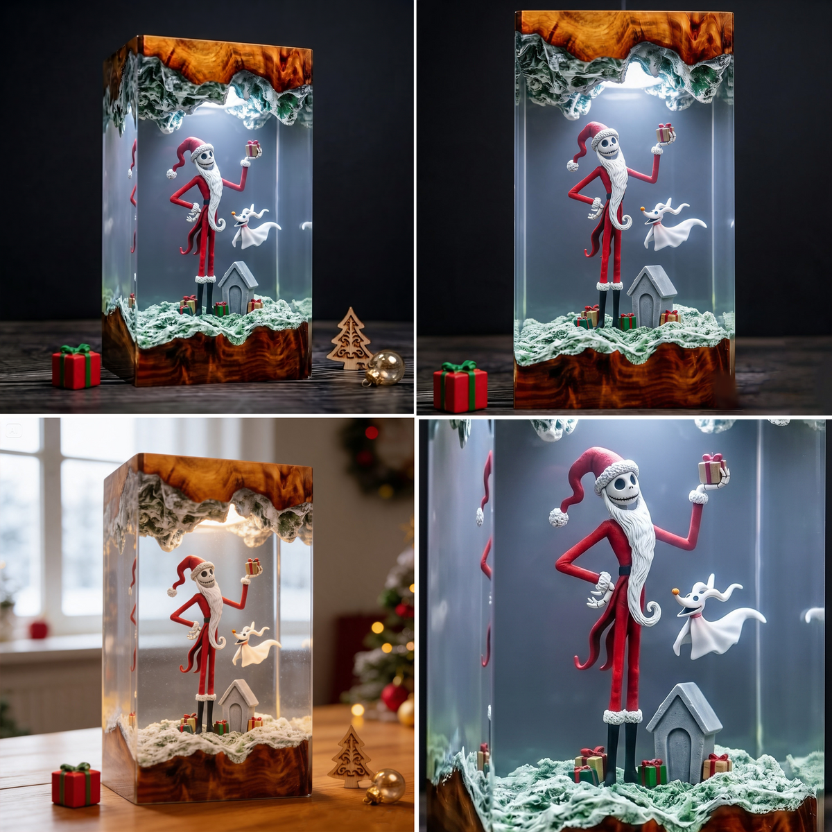 Jack Skellington in Santa Outfit with Zero Ghost Dog and Christmas Gifts Wood Resin Lamp