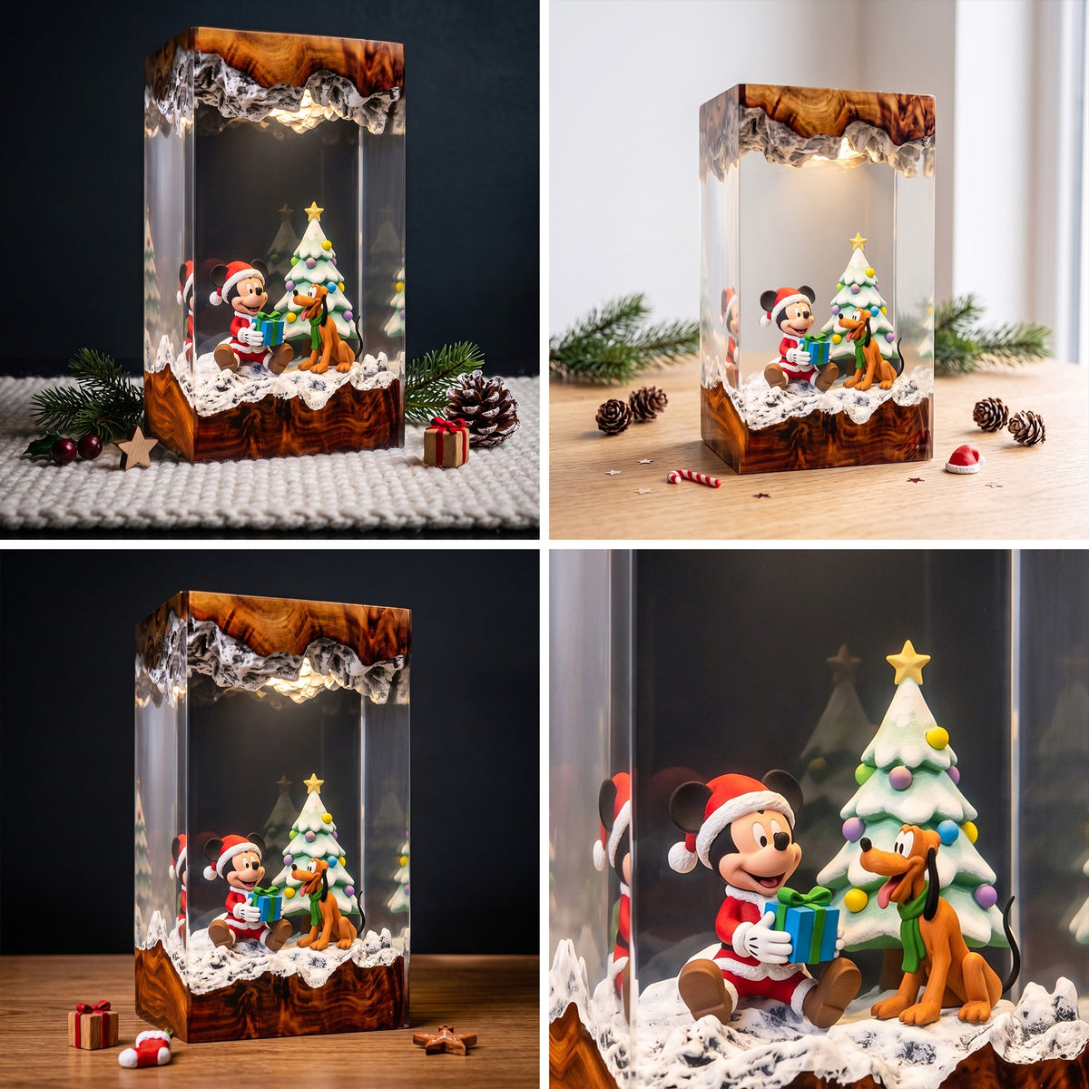 Mickey Mouse in Santa Outfit & Pluto with Gift Box and Snowy Christmas Tree Wood Resin Lamp