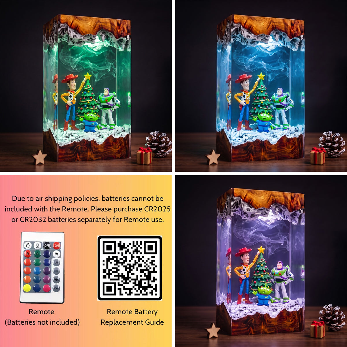 Woody, Buzz Lightyear & Little Green Alien with Decorated Christmas Tree Wood Resin Lamp