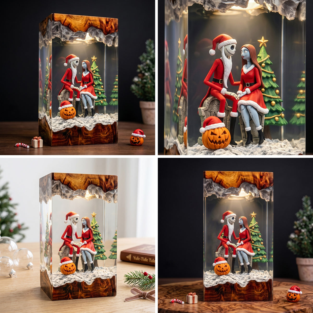 Jack Skellington & Sally in Santa Outfits with Christmas Tree and Pumpkin Wood Resin Lamp