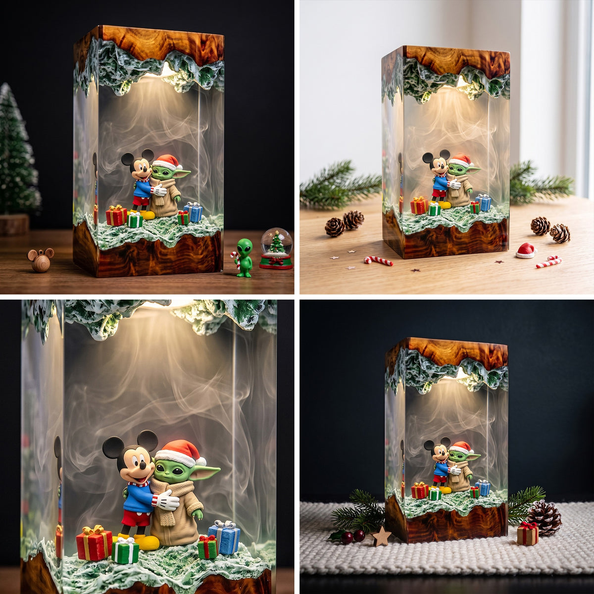 Mickey Mouse Hugging Grogu in a Santa Hat with Christmas Gifts Wood Resin Lamp