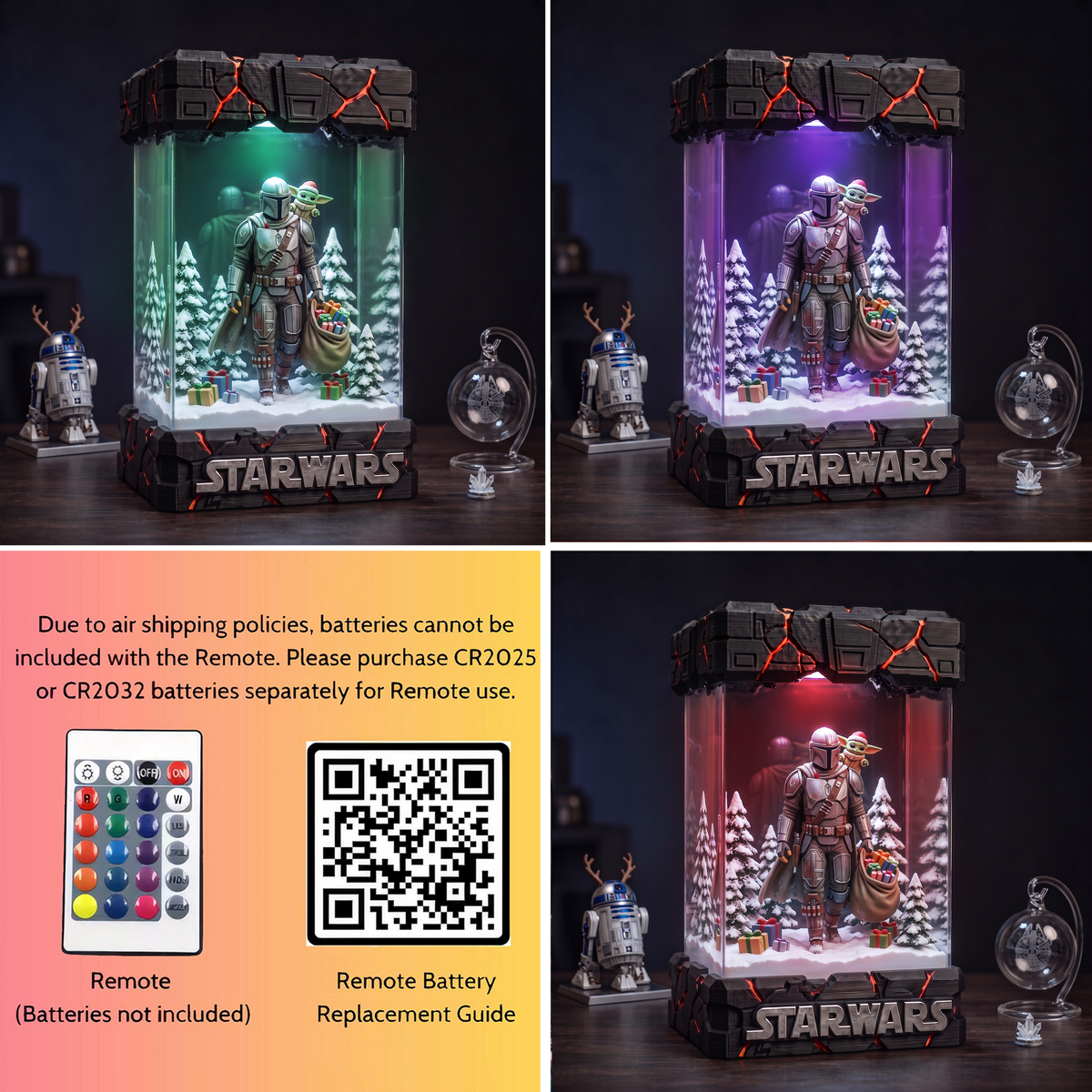 Mandalorian Carrying Christmas Gifts with Santa Hat Grogu in a Snowy Forest Resin Lamp