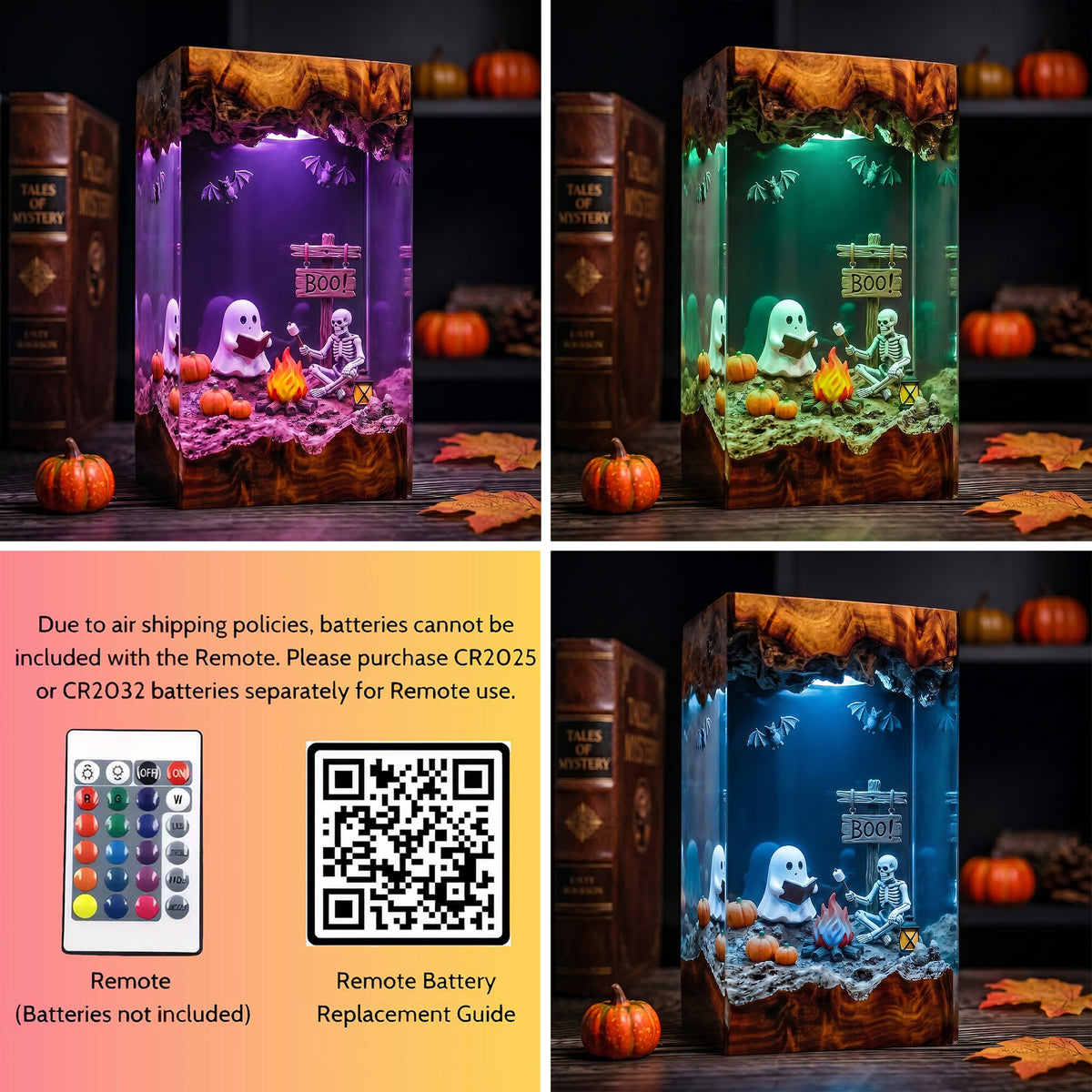 Ghost & Skeleton Campfire Resin Lamp – Reading Ghost Halloween Diorama, Pumpkin & Bat Spooky Night Light