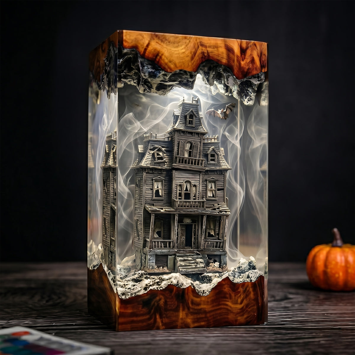 Haunted Victorian House Resin Lamp – Spooky Mansion with Bats & Ghostly Mist, Halloween Epoxy Diorama Night Light