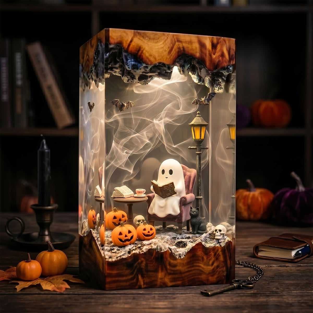 Cozy Reading Ghost Resin Lamp – Halloween Pumpkin & Black Cat Epoxy Diorama Night Light, Cute Spooky Decor