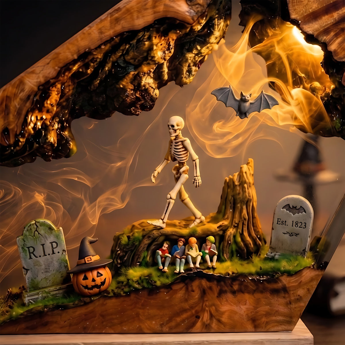 Skeleton Forest Graveyard Resin Lamp – Haunted Woodland with Bats & Witch Pumpkin, Halloween Epoxy Diorama Night Light