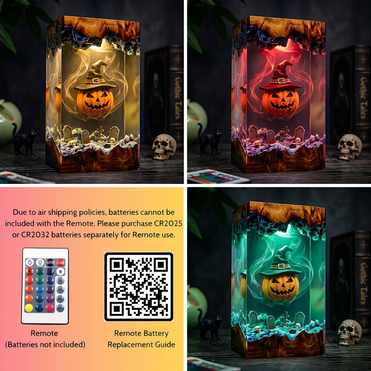 Witch Pumpkin Graveyard Resin Lamp – Jack O’ Lantern with Witch Hat, Spooky Halloween Epoxy Diorama Night Light