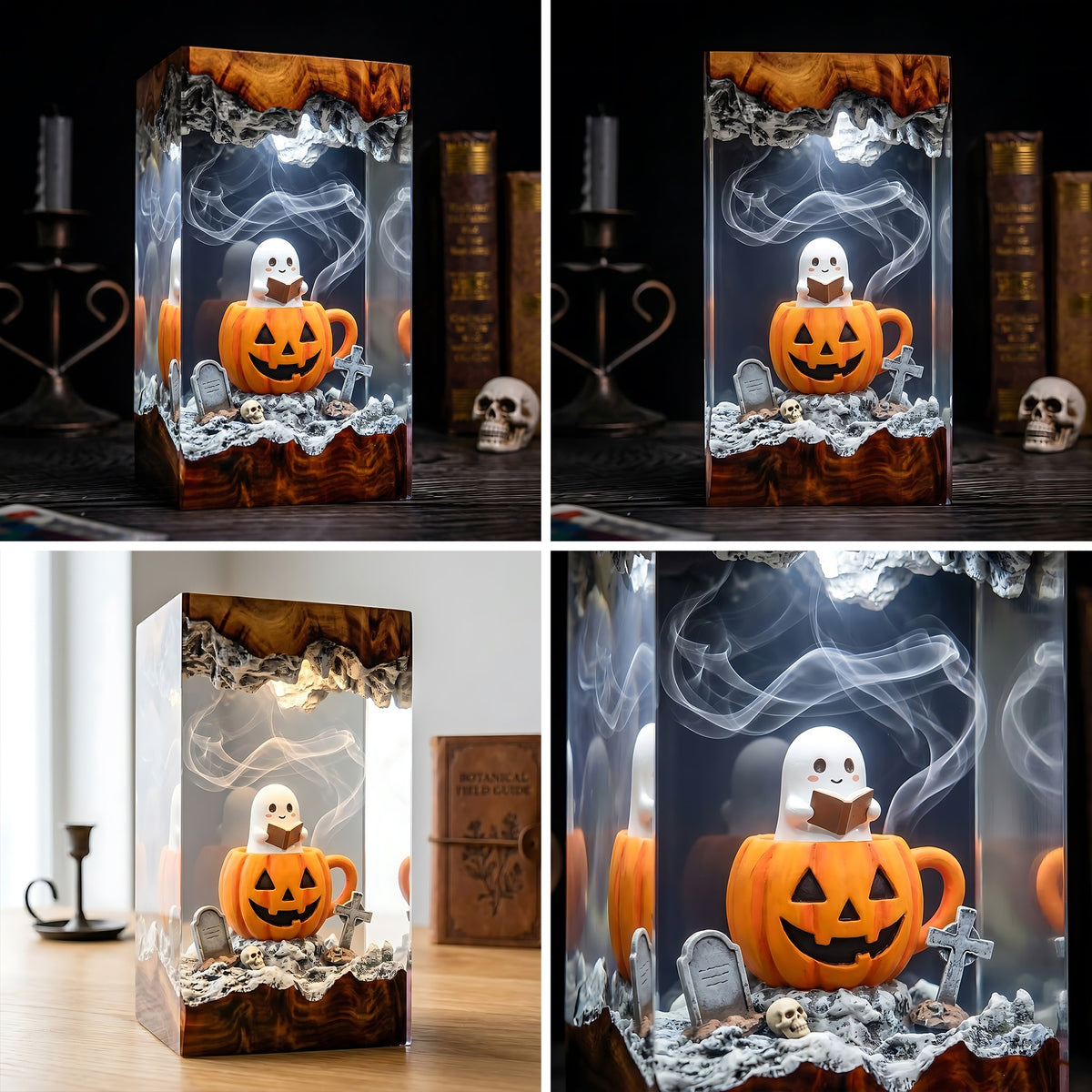 Cute Ghost Pumpkin Resin Lamp – Halloween Graveyard Epoxy Diorama Night Light