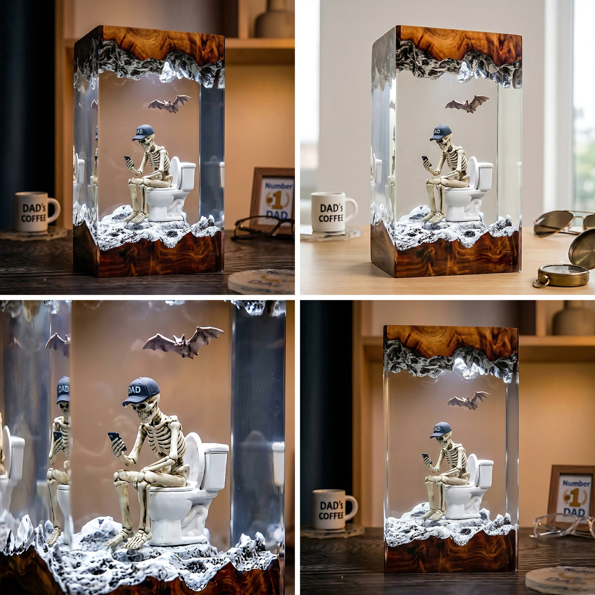 Funny Dad Skeleton Resin Lamp – Skeleton on Toilet with Phone, Halloween Epoxy Diorama Night Light, Dad Humor Gift