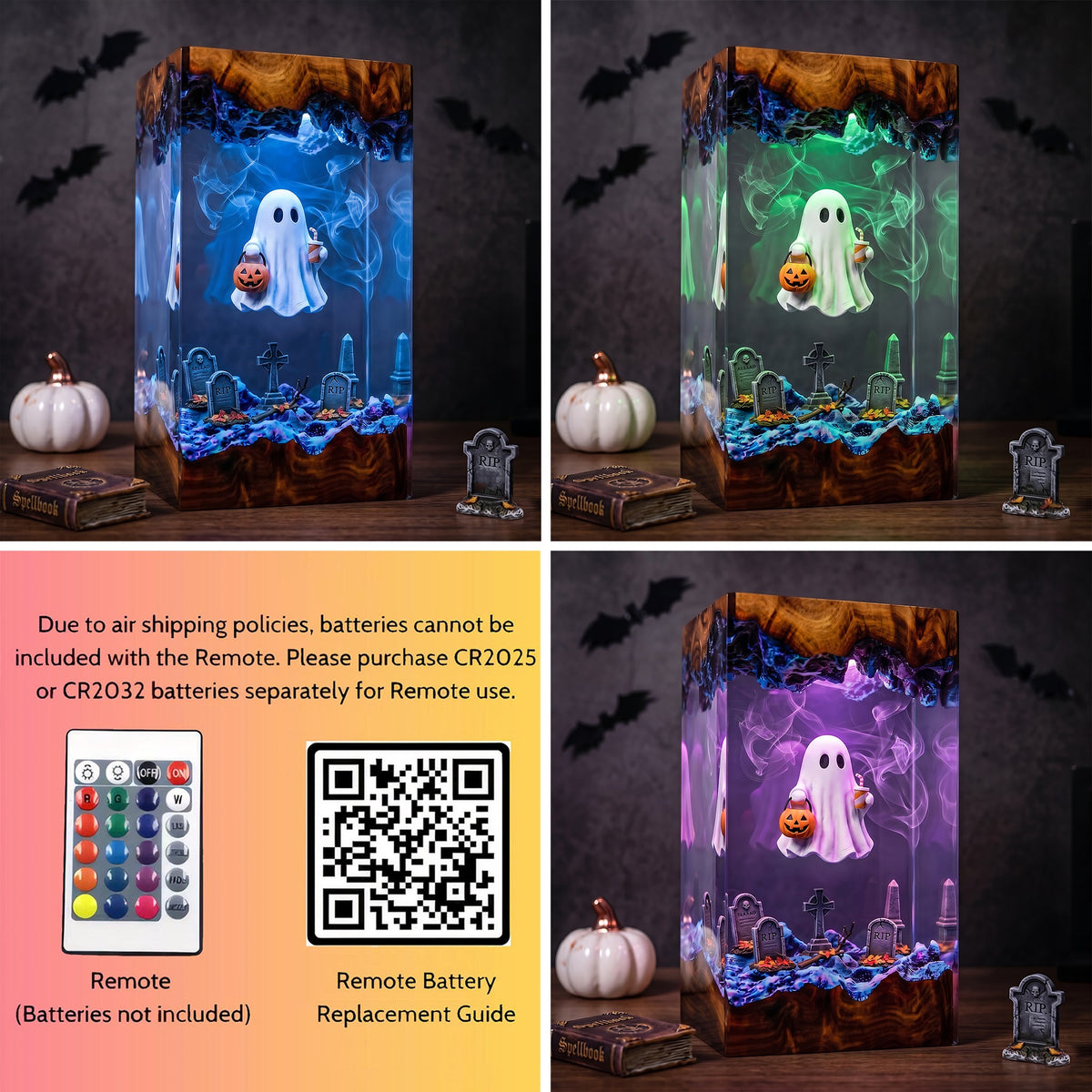 Trick or Treat Ghost Resin Lamp – Floating Ghost with Pumpkin Candy Bucket, Haunted Graveyard Halloween Epoxy Night Light