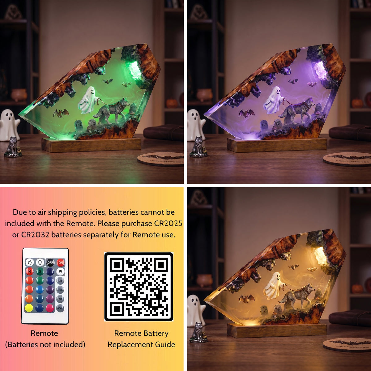 Ghost Walking Wolf Resin Lamp – Haunted Graveyard Halloween Epoxy Diorama Night Light, Spooky Woodland Decor