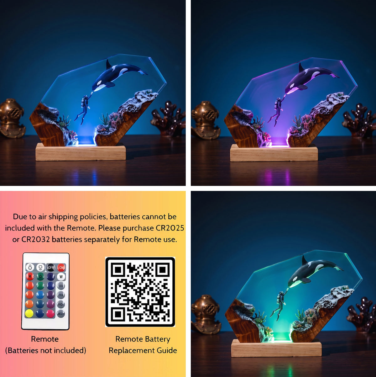 Orca & Scuba Diver Ocean Wood Resin Lamp