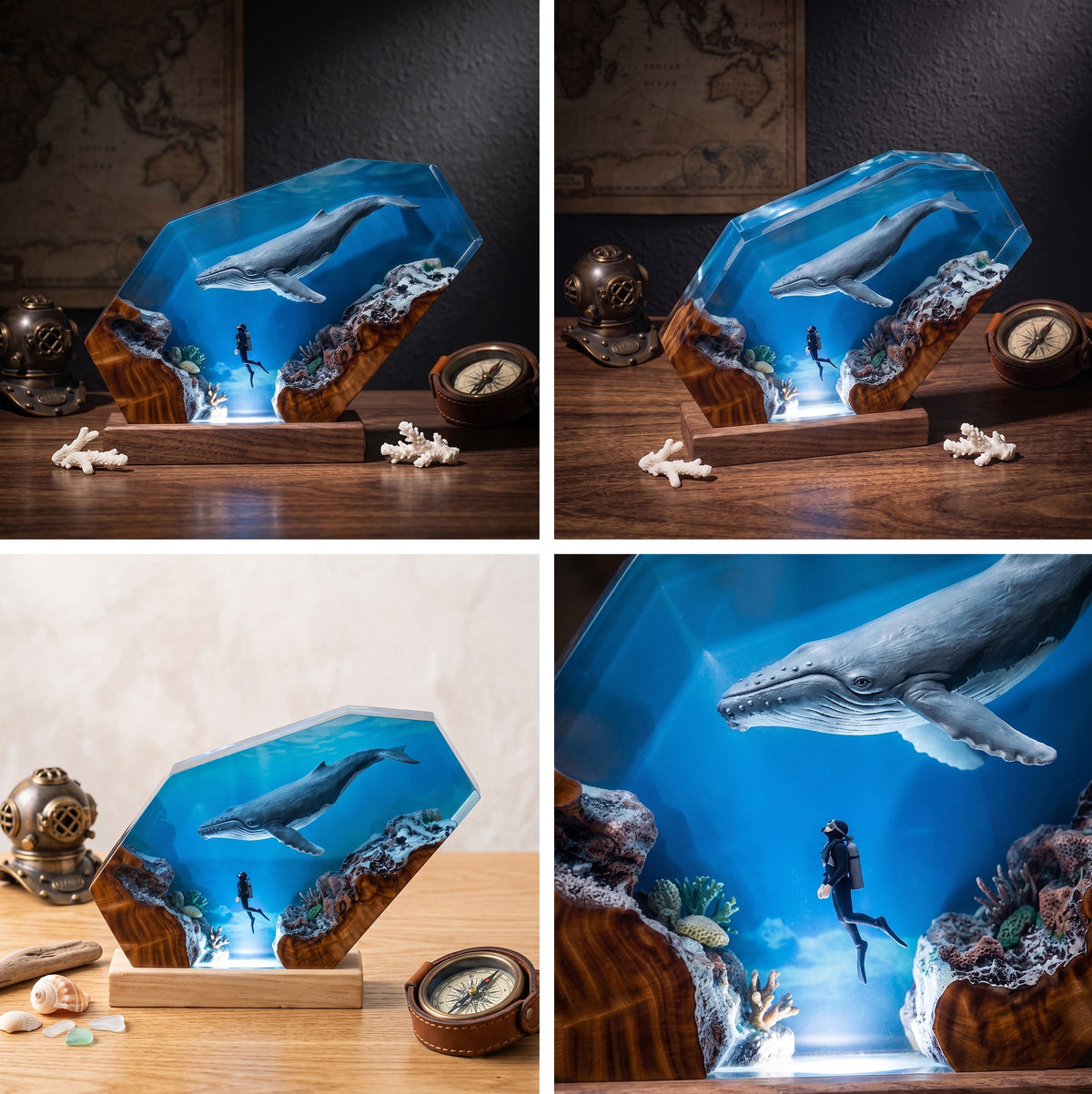 Humpback Whale & Scuba Diver Ocean Wood Resin Lamp