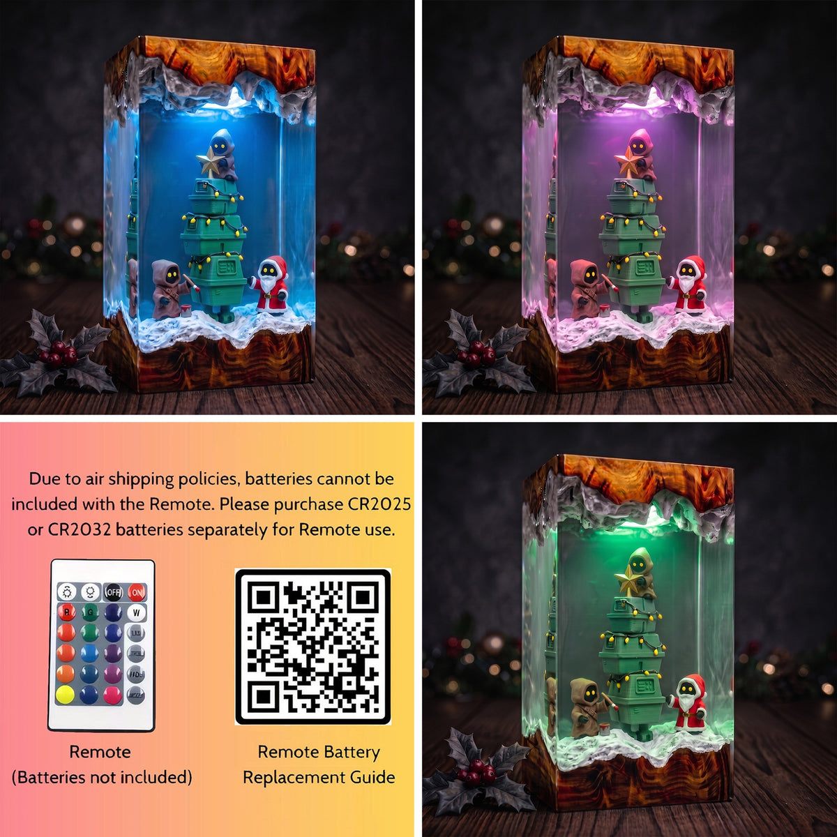 Galactic Holiday Droid Tree Resin Lamp – Tiny Hooded Helpers Decorating a Christmas Tree, Sci Fi Epoxy Diorama Night Light