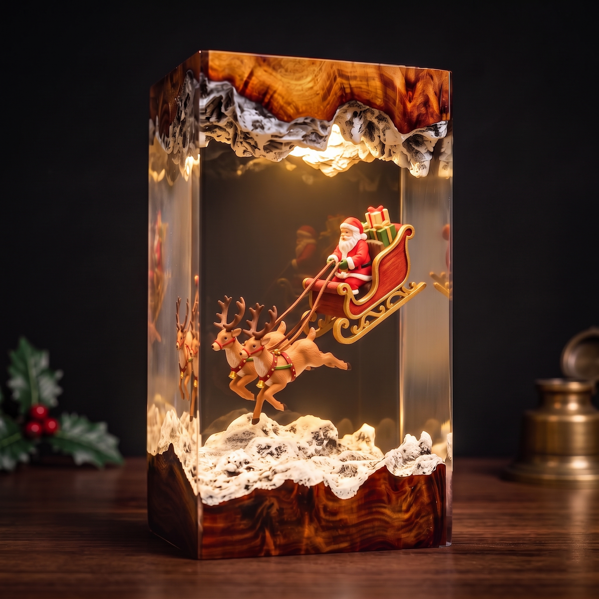 Santa Claus in a Flying Sleigh with Two Reindeer and Gifts Christmas Wood Resin Lamp