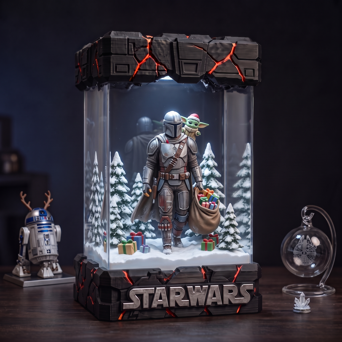 Mandalorian Carrying Christmas Gifts with Santa Hat Grogu in a Snowy Forest Resin Lamp