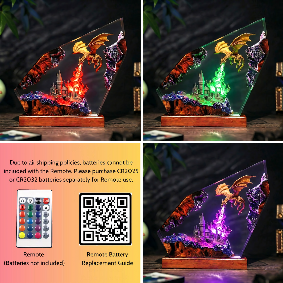 Fire-Breathing Dragon & Fantasy Castle Wood Resin Lamp
