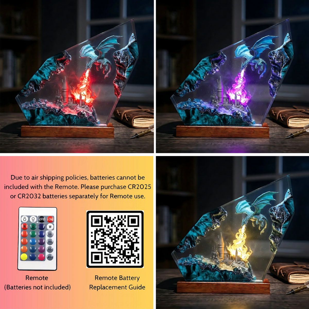 Blue Flame Dragon & Fantasy Castle Wood Resin Lamp