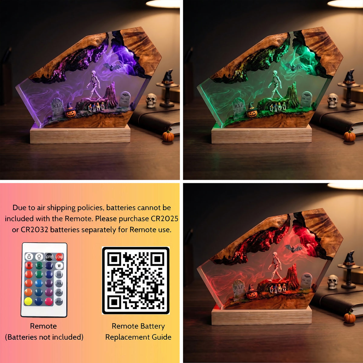 Skeleton Forest Graveyard Resin Lamp – Haunted Woodland with Bats & Witch Pumpkin, Halloween Epoxy Diorama Night Light